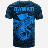 Blue graphic t-shirt with large HAWAII text and shark illustration, back view
