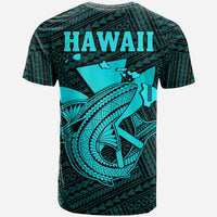 Turquoise and black back-print T-shirt with Hawaiian text and shark graphic.