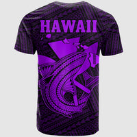 Purple Hawaii graphic T-shirt back view with large Hawaii text and shark design