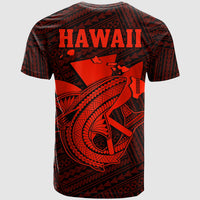 Dark red tribal print T-shirt with large HAWAII text and shark graphic on back