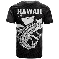 Black T-shirt with “HAWAII” text, large white shark graphic, and geometric pattern
