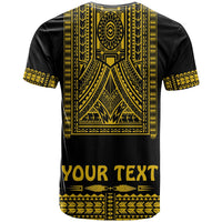 Polynesian dashiki T-shirt, black with gold back print and 'YOUR TEXT'