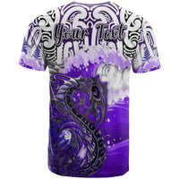 Purple graphic T-shirt back view with Maori-style waves, fern, and tribal pattern