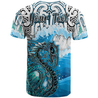 Blue graphic T-shirt with 'Your Text' and ocean waves plus fish illustration