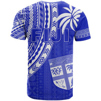 Blue rugby sevens T-shirt with FIJI text and shield graphic on geometric print