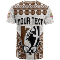 White crew-neck t-shirt with brown tapa pattern and 'YOUR TEXT' graphic on back