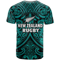 Turquoise and black rugby T-shirt with New Zealand Rugby text and tribal pattern, back view