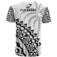 White rugby T-shirt back view with black tribal pattern, arched emblem and 'FIJI RUGBY' text