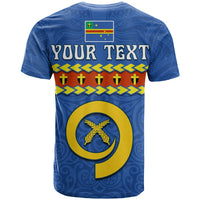 Blue t-shirt back with YOUR TEXT, circular emblem, zigzag band, and flag colors