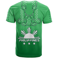 Green short-sleeve T-shirt with white Philippines text and star emblem on back