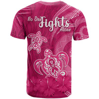 Pink breast cancer awareness T-shirt with 'No One Fights Alone' back print