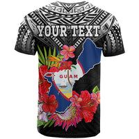 Black T-shirt with YOUR TEXT and Guam map graphic, hibiscus flowers and birds
