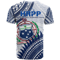 Samoan coat of arms graphic T-shirt, white back view with HRPP logo and navy print
