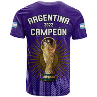 Purple Argentina 2022 Campeón football T-shirt with trophy and rays design