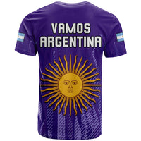 Purple Argentina football T-shirt with VAMOS and ARGENTINA text, sun graphic on back