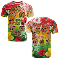 Tropical festival T-shirt with Aloha Poly Fest graphic, red collar, multicolor