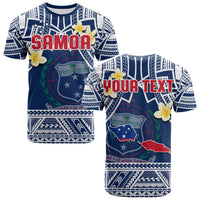 Samoa graphic T-shirt in blue with Samoan pattern, plumeria flowers, and SAMOA text