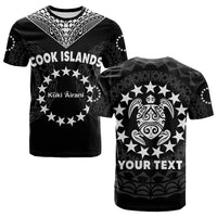 Black graphic T-shirt showing front 'COOK ISLANDS' and back turtle 'YOUR TEXT'.