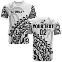 White rugby T-shirt with FIJI RUGBY chest print and black/gray tribal sleeves