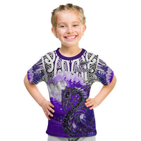 Kids purple graphic T-shirt with crew neck, Maori-style fern and wave print