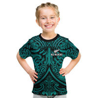Turquoise and black All Blacks rugby T-shirt with Maori-style pattern, kid front view