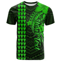 Green/black shark graphic T-shirt with tribal pattern and lei leaf