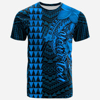 Blue and dark teal graphic t-shirt with tribal pattern and shark design