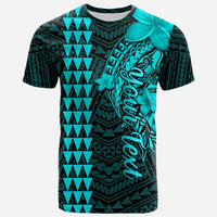 Turquoise and black Hawaiian shark T-shirt with geometric tribal pattern, crew neck.