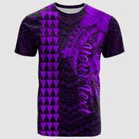 Purple and black Hawaii graphic T-shirt with tribal patterns and shark artwork