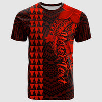 Red and dark tribal print T-shirt with shark graphic and red hibiscus on front