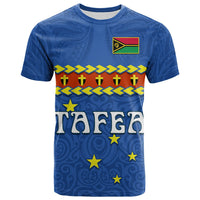 Blue t-shirt with flag logo, TAFEA lettering, stars, and tribal pattern