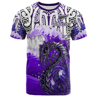 Purple graphic T-shirt with Maori-style fern and wave design, crew neck