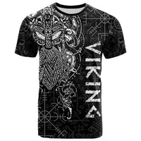 Adult black Viking Odin rune T-shirt, front panel with warrior illustration
