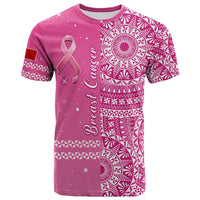 Pink breast cancer awareness T-shirt with ribbon and bold geometric Ngatu pattern