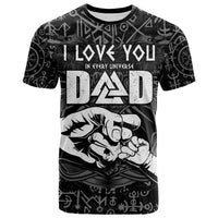 Black Viking dad T-shirt with rune pattern and large 'DAD' graphic, claw-hand design