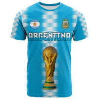 Blue Argentina champions football t-shirt with crest and gold trophy graphic