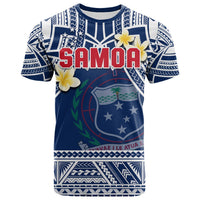 Samoa graphic T-shirt in blue with SAMOA text, plumeria flowers, and Polynesian motifs