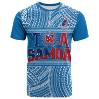 Blue Samoan rugby T-shirt with 'TA SAMOA' graphic and crest emblem