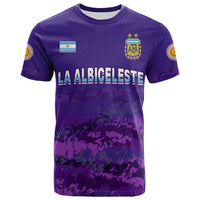 Purple Argentina football T-shirt with crest, flag badge, and LA ALBICELESTE print
