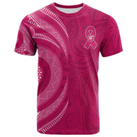 Pink breast cancer awareness T-shirt with Hibiscus Polynesian graphic and ribbon emblem