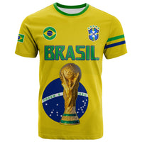 Brazil football T-shirt front: BRASIL text, gold trophy, green collar