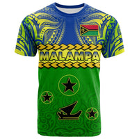 Malampa T-shirt, green/blue tribal pattern with flag emblem, star icons, and yellow MALAMPA text