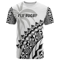 White rugby T-shirt with black tribal tapa graphic and large 'FIJI RUGBY' text