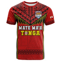 Red rugby T-shirt with red-and-black tribal pattern and front “MATE MA’A TONGA” print