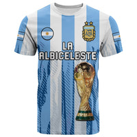 Argentina football T-shirt in blue and white with AFA crest, stars, and trophy print