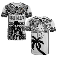 Custom rugby T-shirt with black-and-white tribal print, FIJI BATI text and graphic front