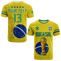 Brazil football T-shirt set: back YOUR TEXT 13, front BRASIL with gold trophy