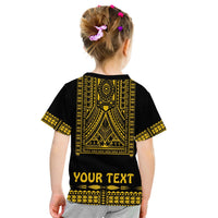 Kids Polynesian dashiki T-shirt back: black with gold 'YOUR TEXT' print