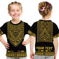 Kids Polynesian dashiki T-shirt on child: black with gold tribal front