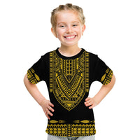 Kids Polynesian dashiki T-shirt: black with gold tribal pattern and short sleeves